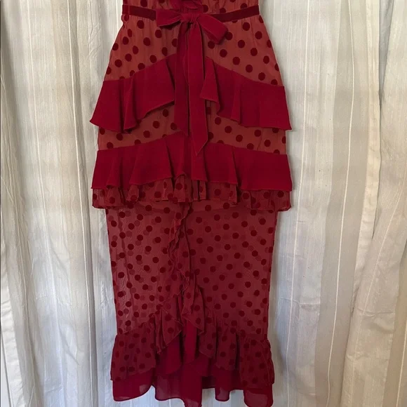 For Love & Lemons Dotty Dress Women’s Small Red Sheer Mesh Ruffle Midi Cocktail - Picture 5 of 9